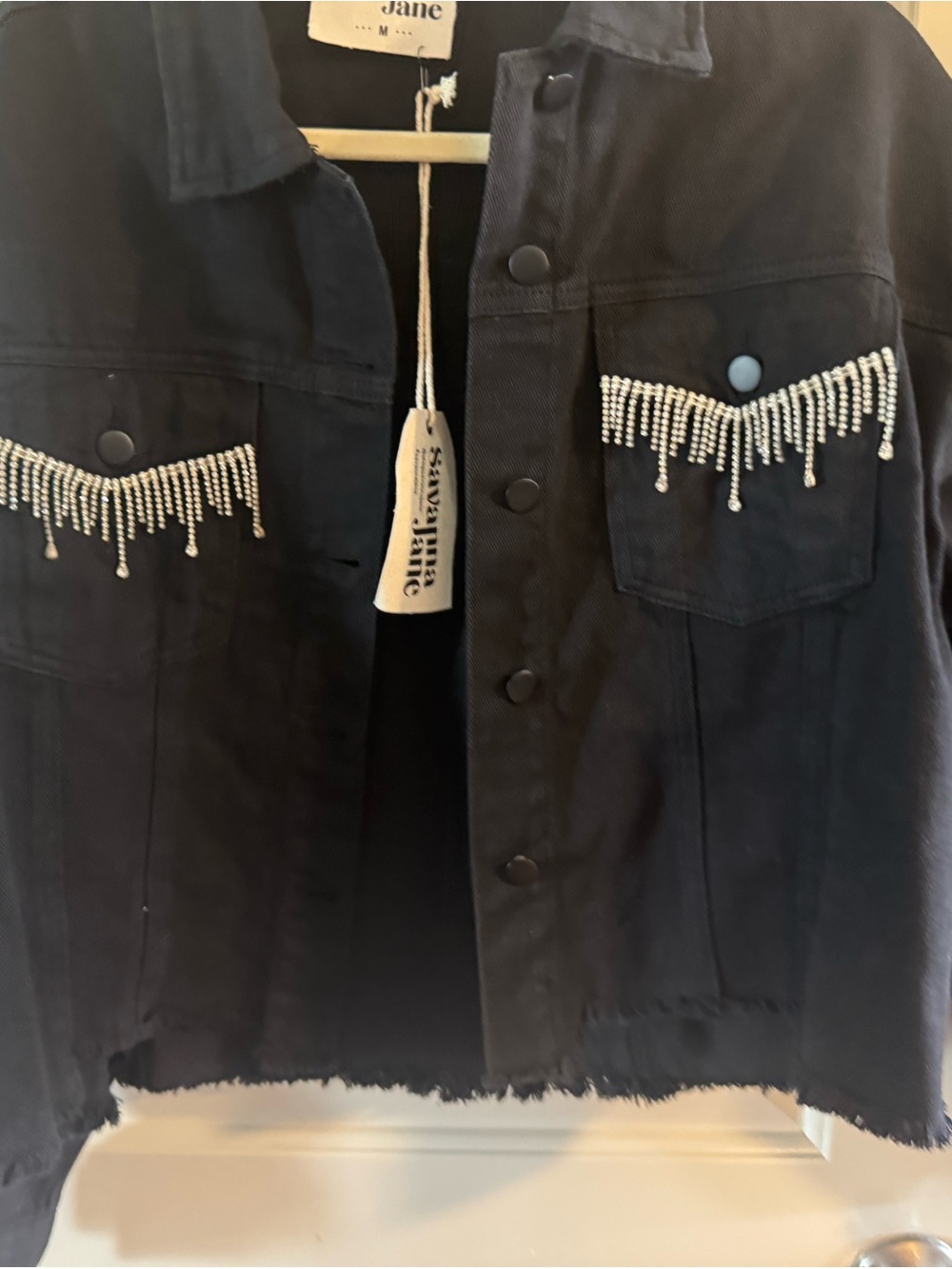 Savanna Jane Black Denim Jacket with Rhinestone Fringe